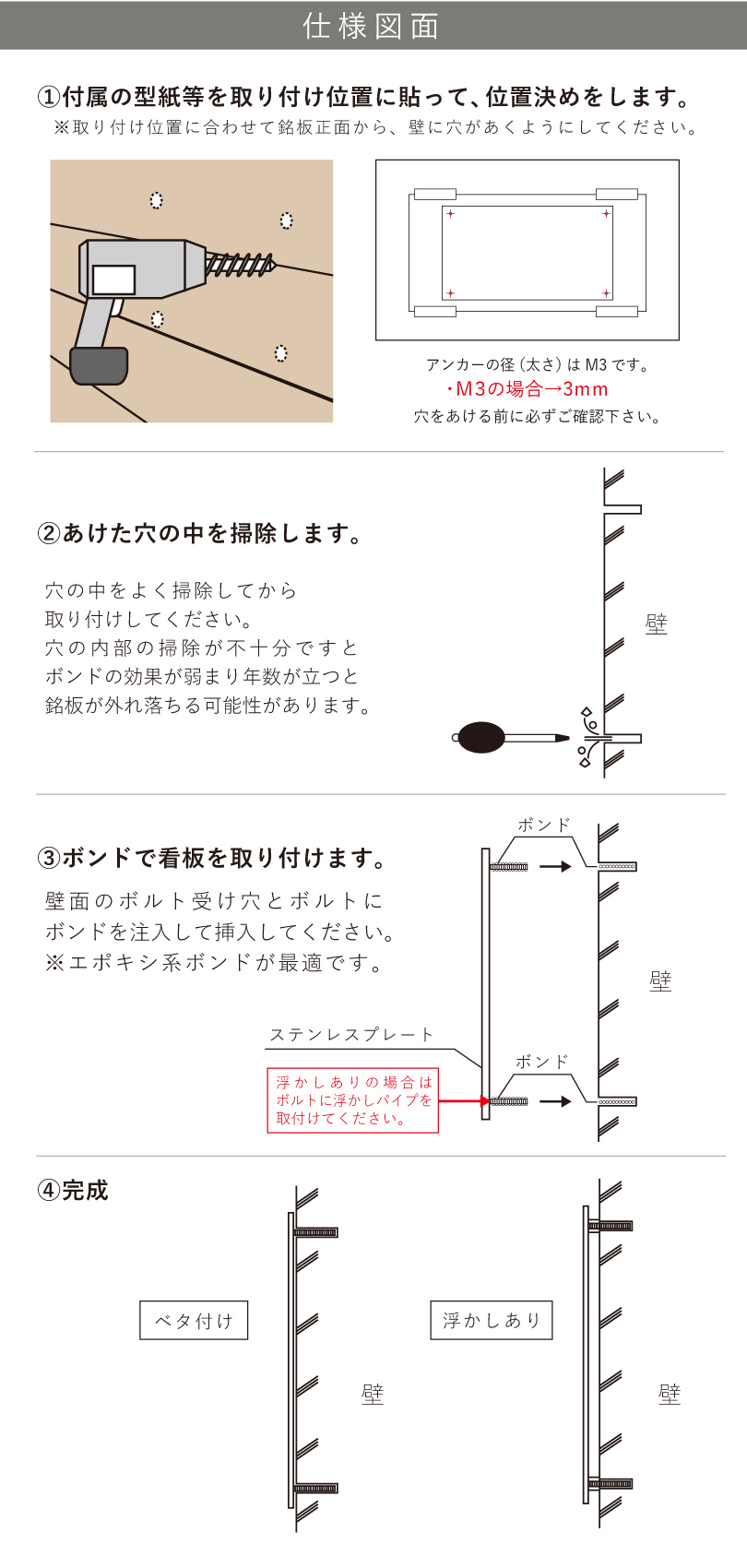 ステンレス看板 ボルト出し　取付方法