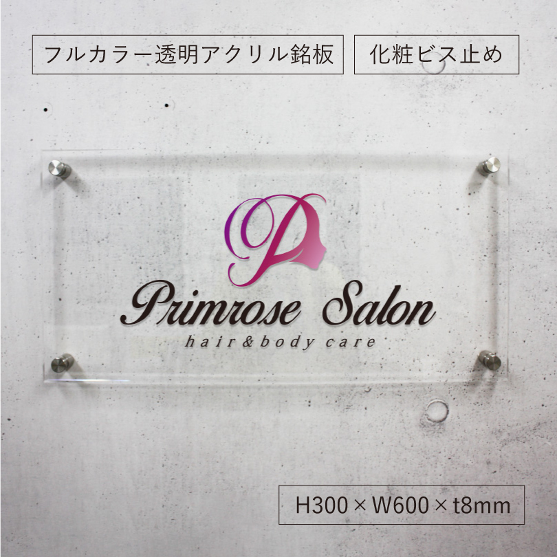 フルカラー透明アクリル銘板　おしゃれな会社看板