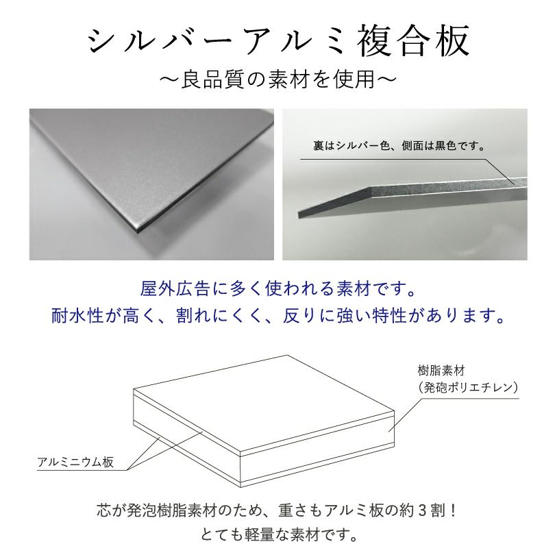 シルバーアルミ複合板　素材の説明　屋外で使える軽量な素材